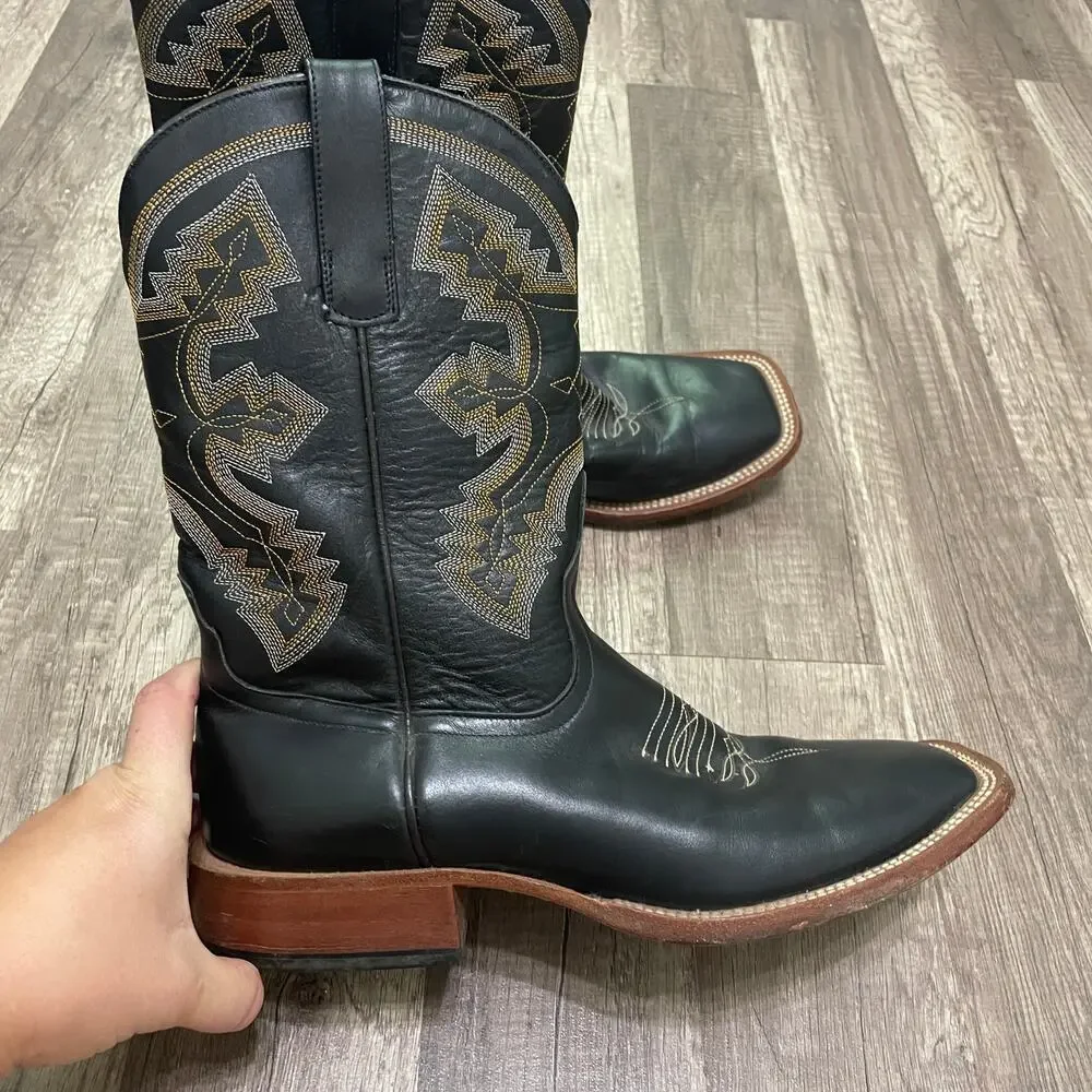 Men's Black Leather Western Cowboy Boots with Embroidered Shaft